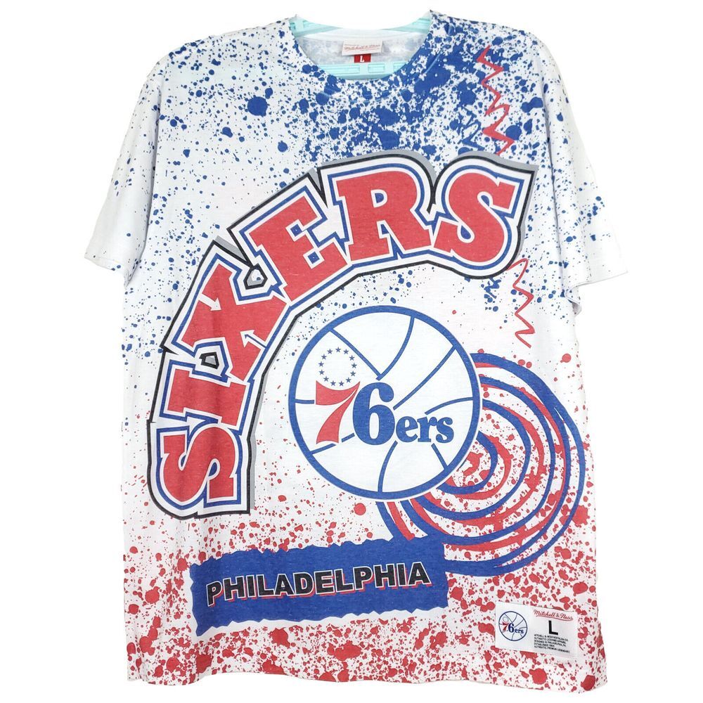 Philadelphia 76ers Mitchell & Ness NBA L Large Shirt Splatter Art White NWT